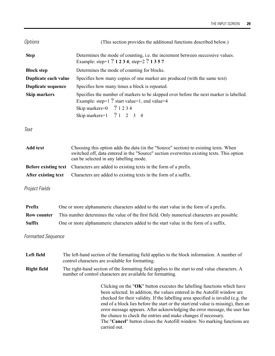 Options, Text, Project fields | Formatted sequence | Rockwell Automation Allen-Bradley Plot Software User Manual User Manual | Page 29 / 46