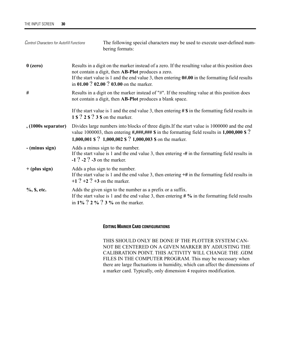 Control characters for autofill functions, Editing marker card configurations | Rockwell Automation Allen-Bradley Plot Software User Manual User Manual | Page 30 / 46