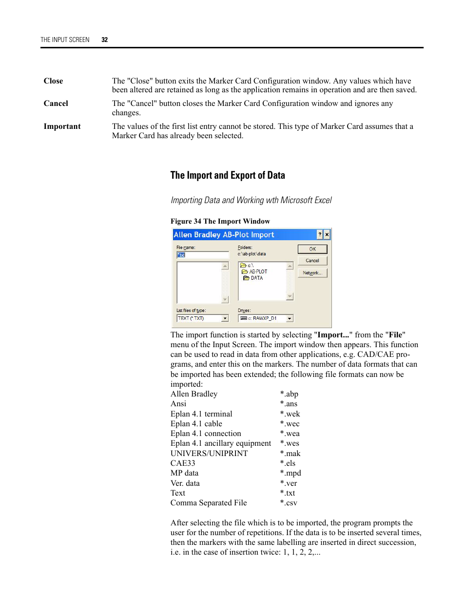 The import and export of data, Importing data and working wth microsoft excel, Figure 34 the import window | The import window | Rockwell Automation Allen-Bradley Plot Software User Manual User Manual | Page 32 / 46