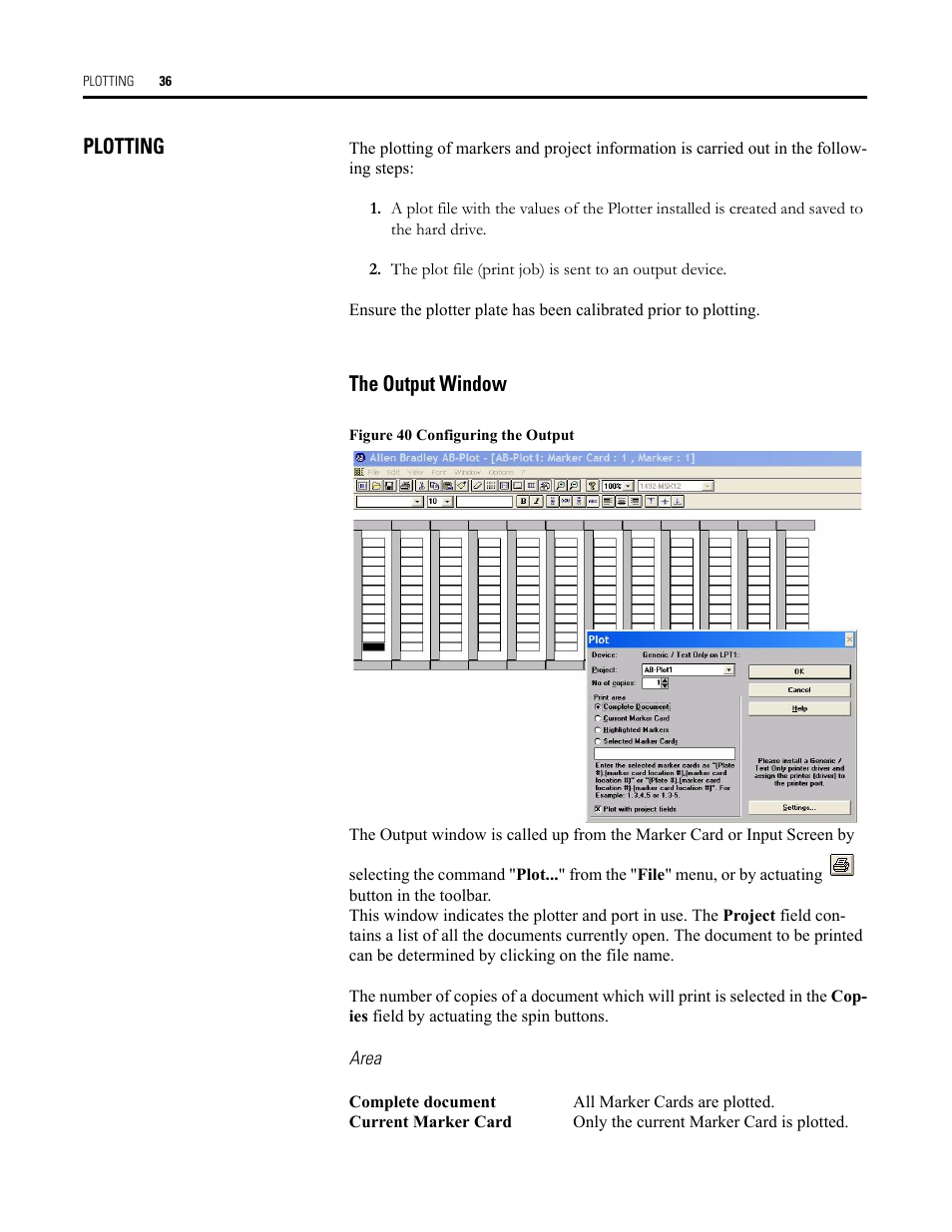 Plotting, The output window, Figure 40 configuring the output | Area, Configuring the output | Rockwell Automation Allen-Bradley Plot Software User Manual User Manual | Page 36 / 46