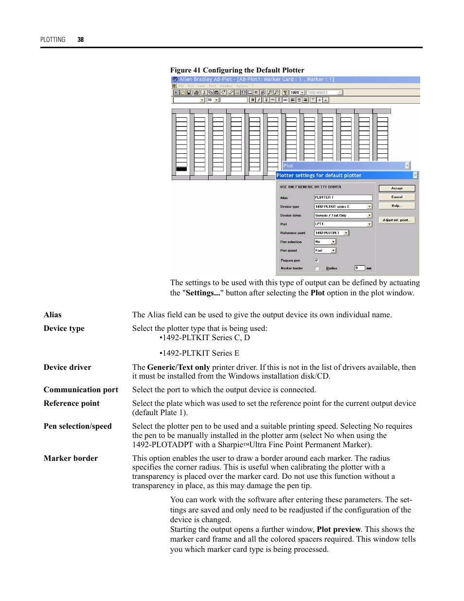 Figure 41 configuring the default plotter, Configuring the default plotter | Rockwell Automation Allen-Bradley Plot Software User Manual User Manual | Page 38 / 46