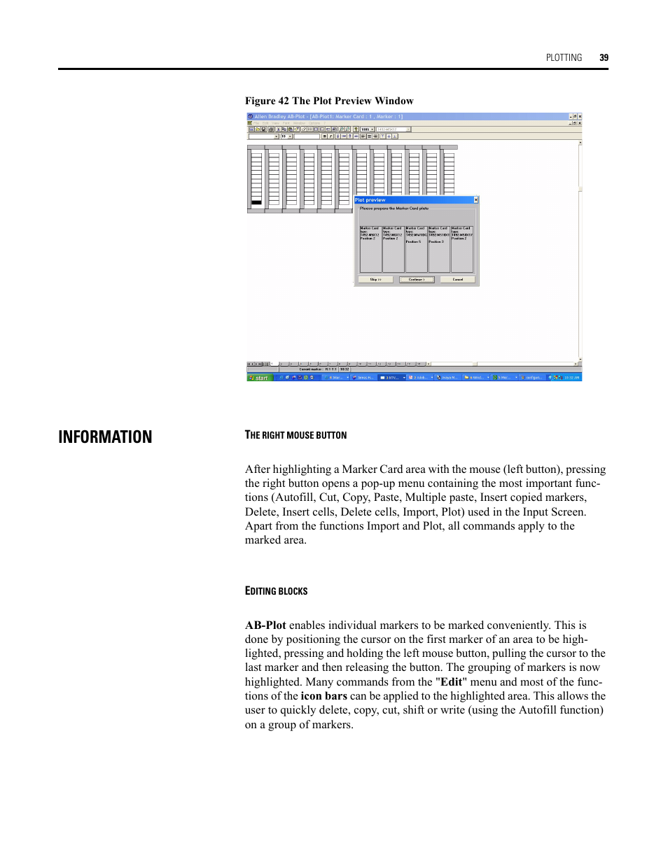 Figure 42 the plot preview window, Information, The right mouse button | Editing blocks, The plot preview window | Rockwell Automation Allen-Bradley Plot Software User Manual User Manual | Page 39 / 46