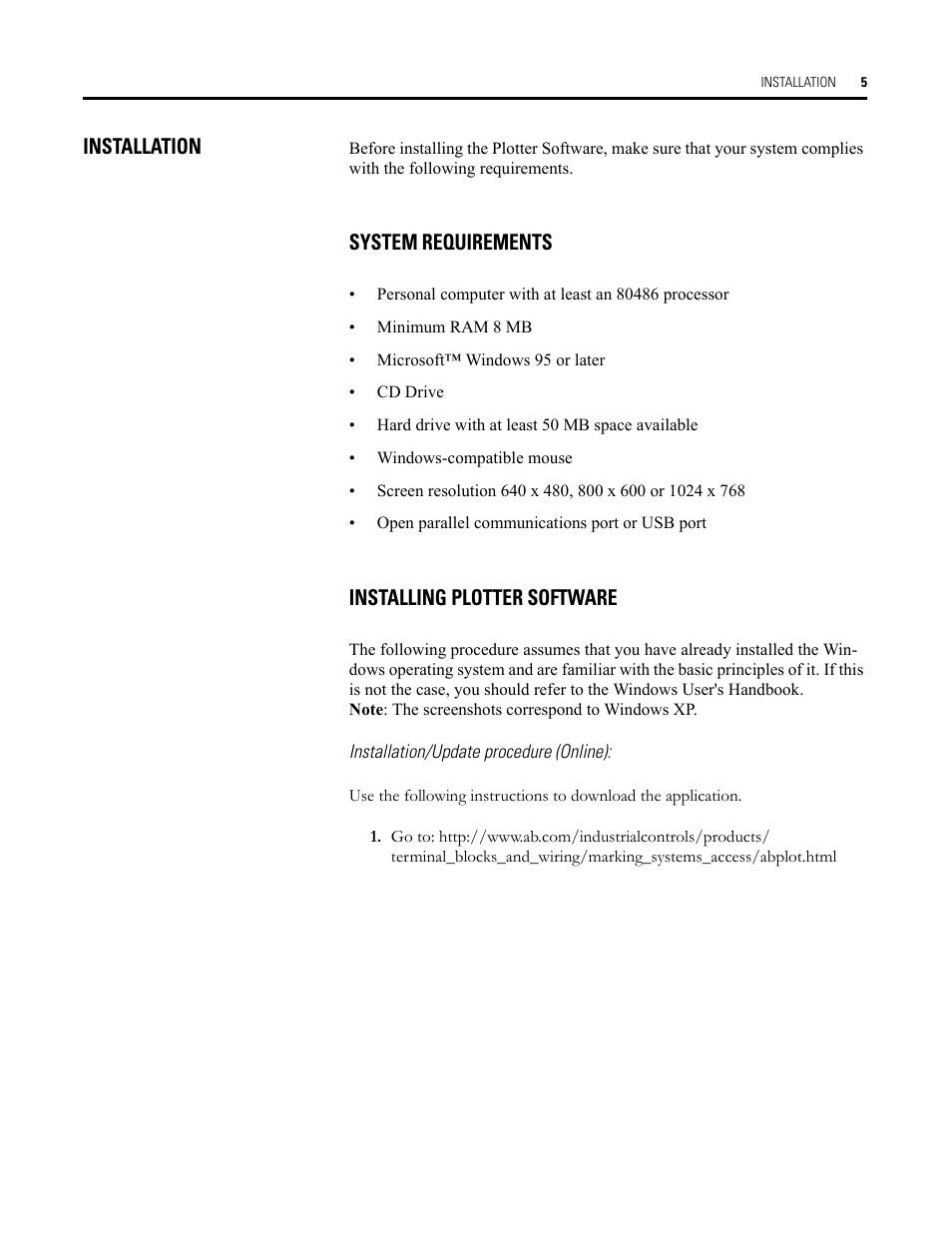 Installation, System requirements, Installing plotter software | Installation/update procedure (online) | Rockwell Automation Allen-Bradley Plot Software User Manual User Manual | Page 5 / 46
