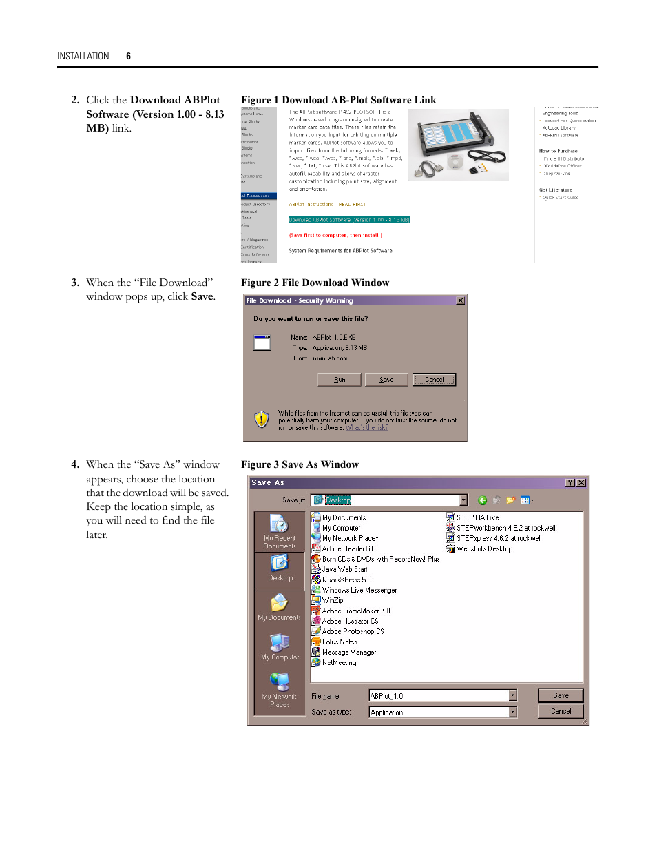 Figure 1 download ab-plot software link, Figure 2 file download window, Figure 3 save as window | Rockwell Automation Allen-Bradley Plot Software User Manual User Manual | Page 6 / 46