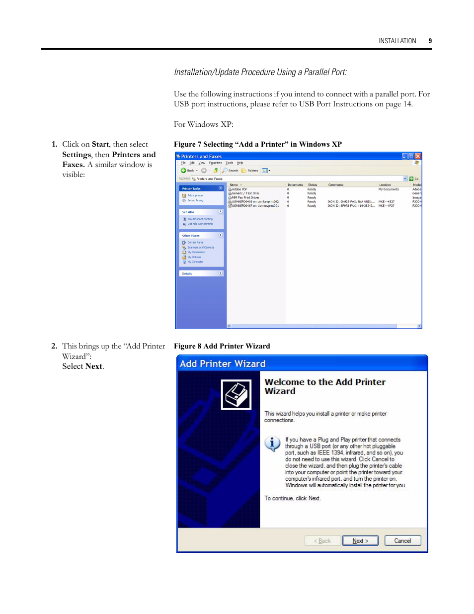 Figure 7 selecting “add a printer” in windows xp, Figure 8 add printer wizard | Rockwell Automation Allen-Bradley Plot Software User Manual User Manual | Page 9 / 46