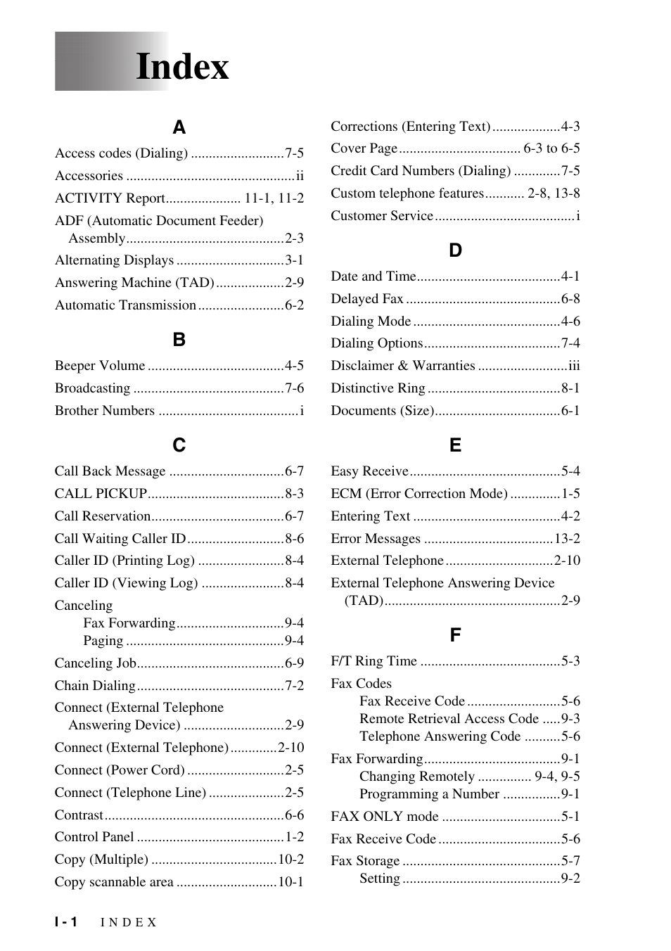 Index | Brother IntelliFAX 1270e User Manual | Page 102 / 108