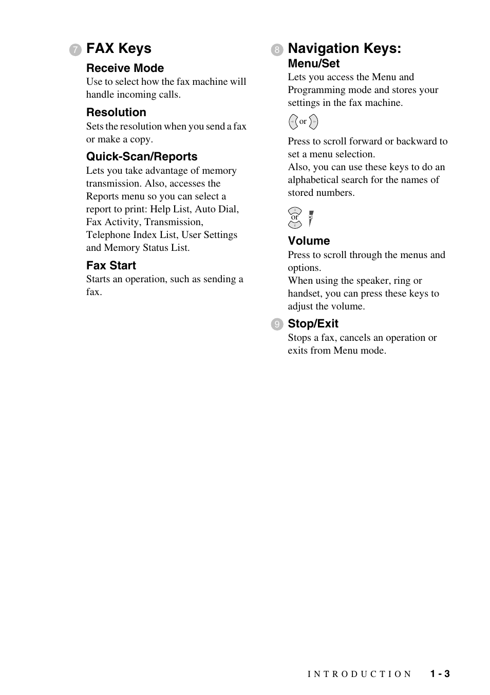 Fax keys, Navigation keys | Brother IntelliFAX 1270e User Manual | Page 17 / 108