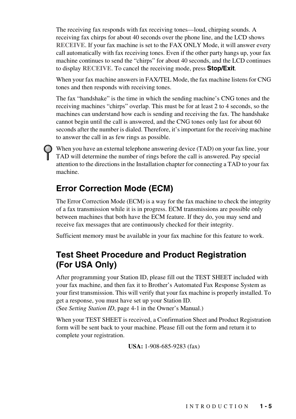 Error correction mode (ecm), For usa only) -5 | Brother IntelliFAX 1270e User Manual | Page 19 / 108