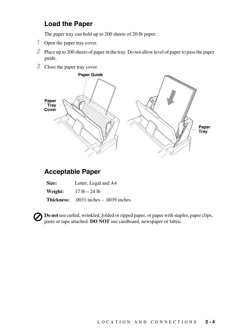 Load the paper, Acceptable paper, Load the paper -4 acceptable paper -4 | Brother IntelliFAX 1270e User Manual | Page 23 / 108