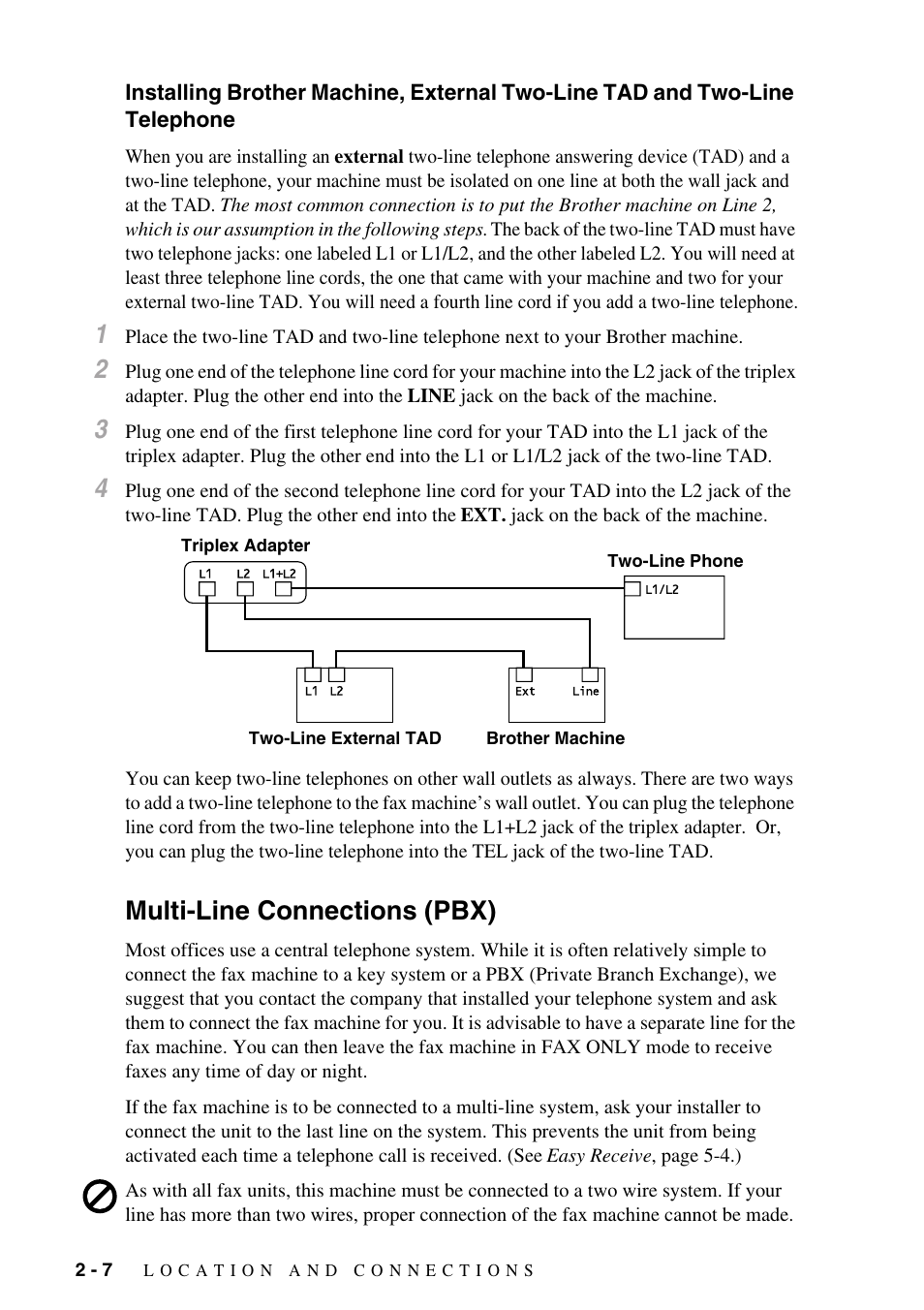 Multi-line connections (pbx), Installing brother machine, external two-line tad, And two-line telephone -7 | Multi-line connections (pbx) -7 | Brother IntelliFAX 1270e User Manual | Page 26 / 108