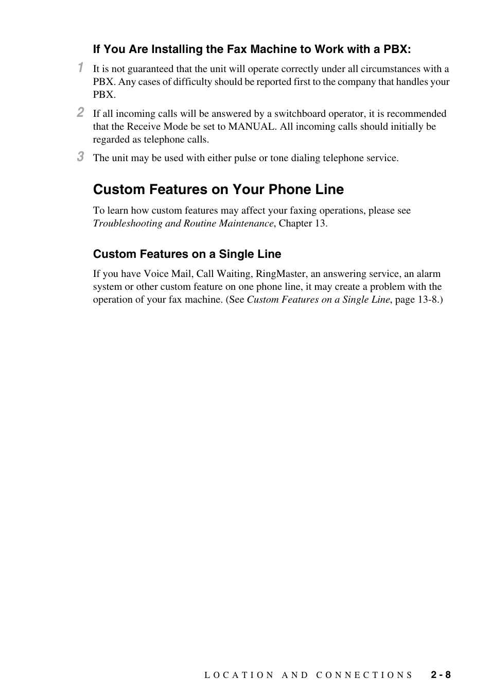 Custom features on your phone line, Custom features on a single line, Pbx: -8 | Custom features on your phone line -8, Custom features on a single line -8 | Brother IntelliFAX 1270e User Manual | Page 27 / 108