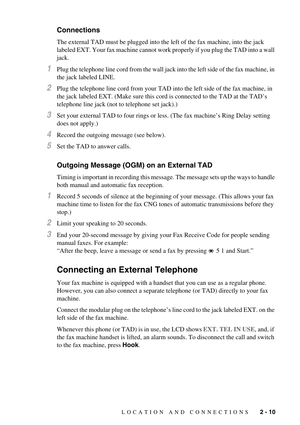 Connections, Outgoing message (ogm) on an external tad, Connecting an external telephone | Connecting an external telephone -10 | Brother IntelliFAX 1270e User Manual | Page 29 / 108