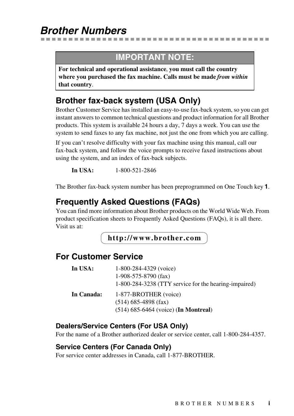Brother numbers, Brother fax-back system (usa only), Frequently asked questions (faqs) | For customer service, Dealers/service centers (for usa only), Service centers (for canada only) | Brother IntelliFAX 1270e User Manual | Page 3 / 108