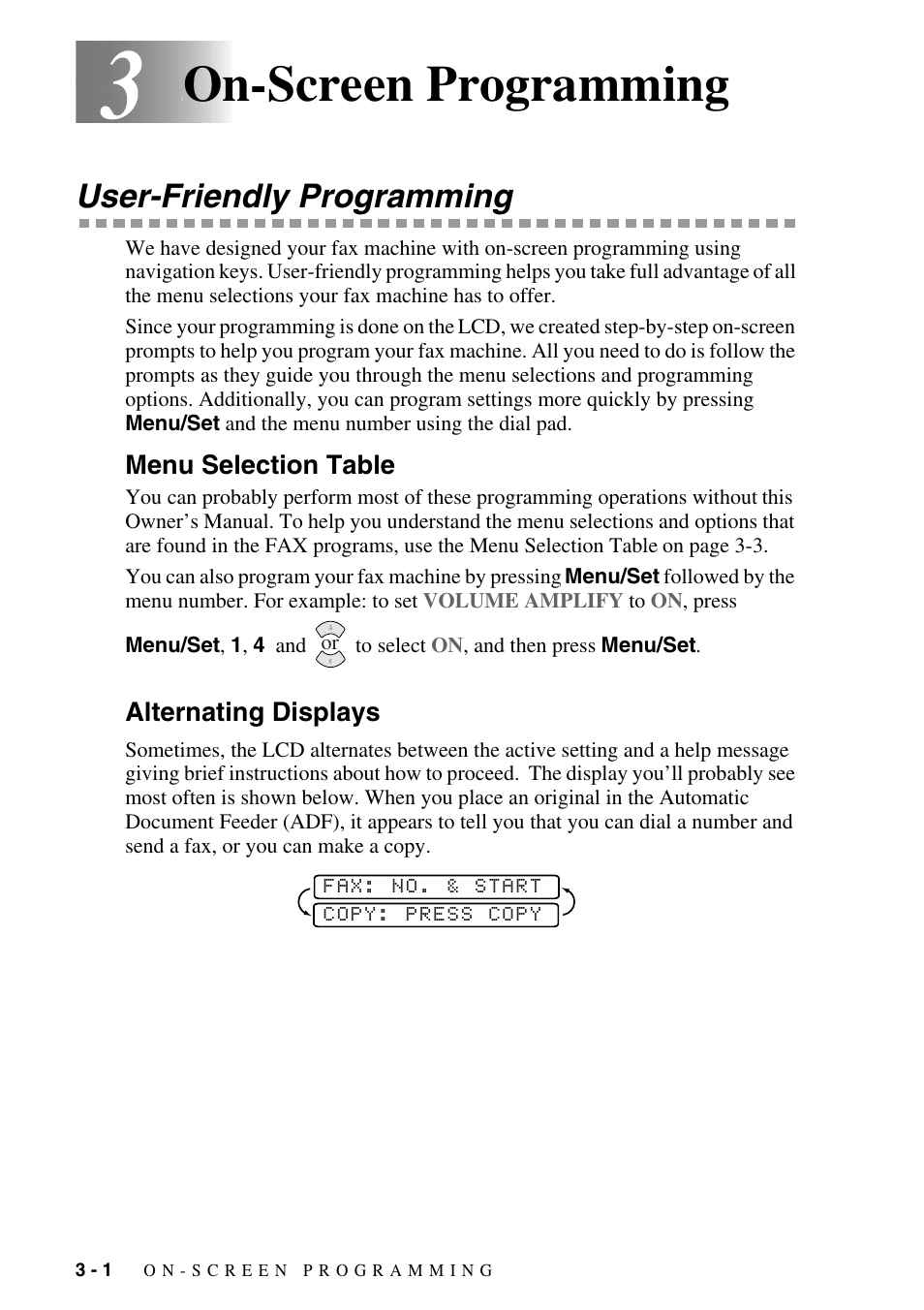 3 on-screen programming, User-friendly programming, Menu selection table | Alternating displays, On-screen programming -1, User-friendly programming -1, Menu selection table -1 alternating displays -1, On-screen programming | Brother IntelliFAX 1270e User Manual | Page 30 / 108