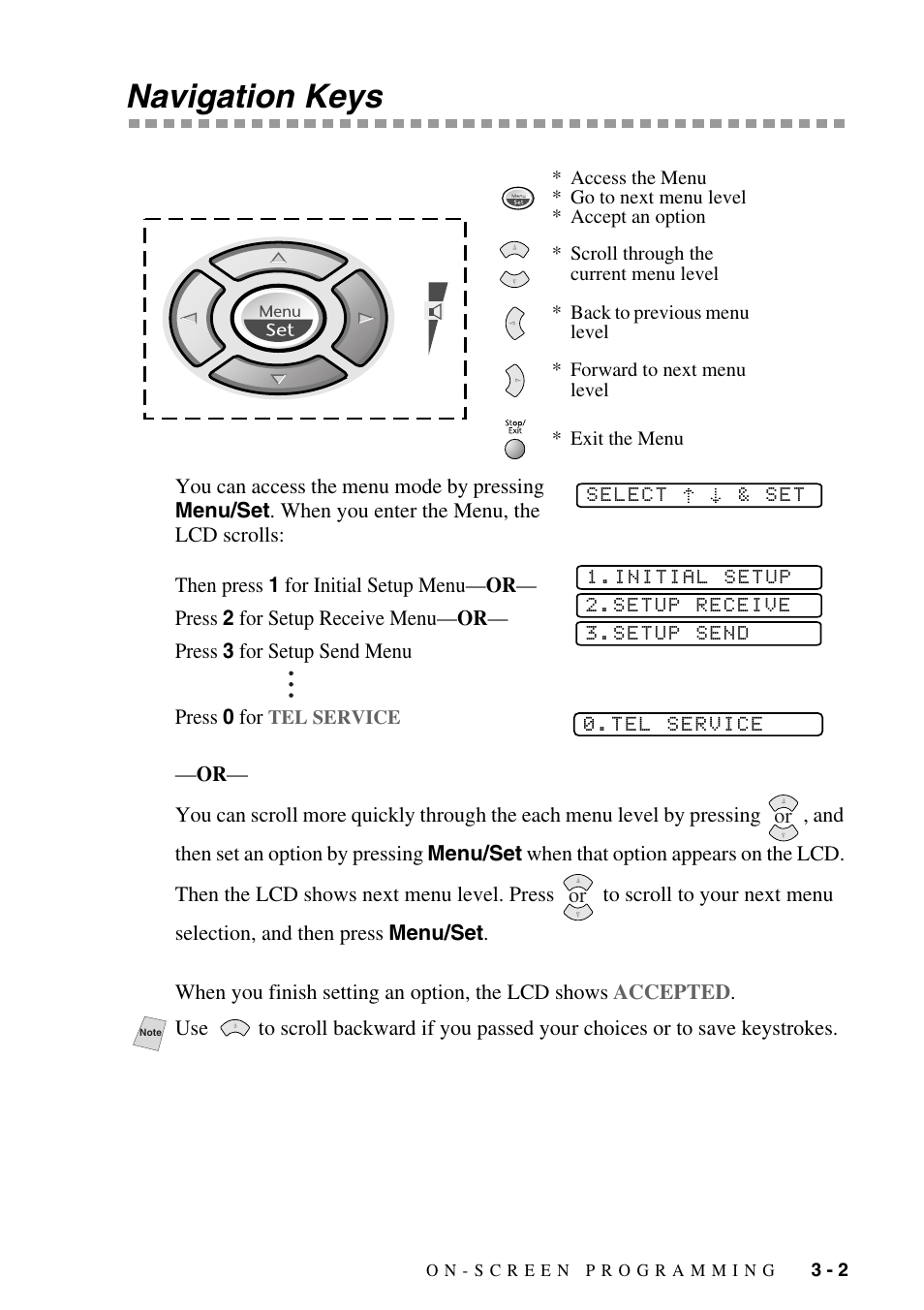 Navigation keys, Navigation keys -2 | Brother IntelliFAX 1270e User Manual | Page 31 / 108