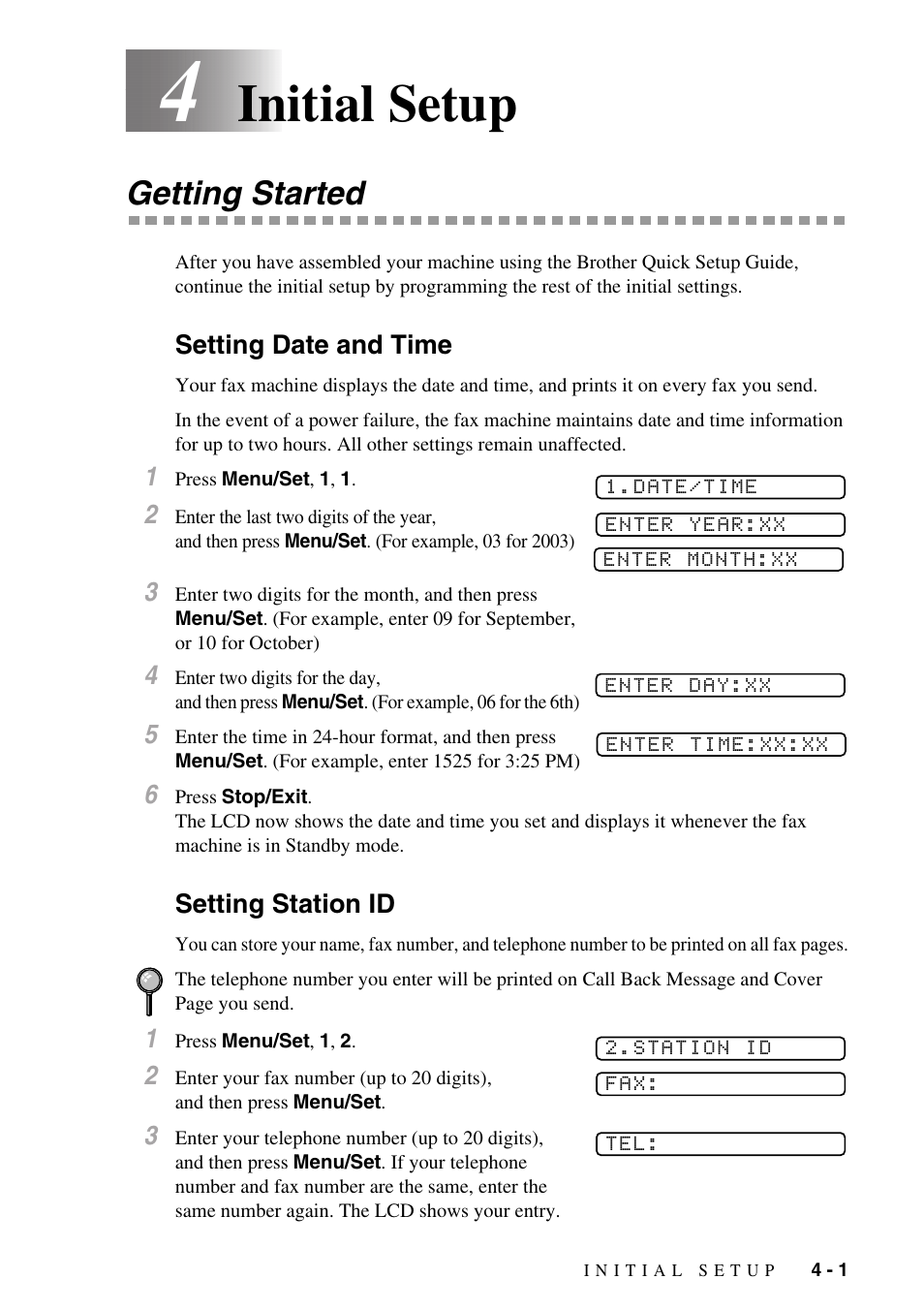 4 initial setup, Getting started, Setting date and time | Setting station id, Initial setup -1, Getting started -1, Setting date and time -1 setting station id -1, Initial setup | Brother IntelliFAX 1270e User Manual | Page 37 / 108