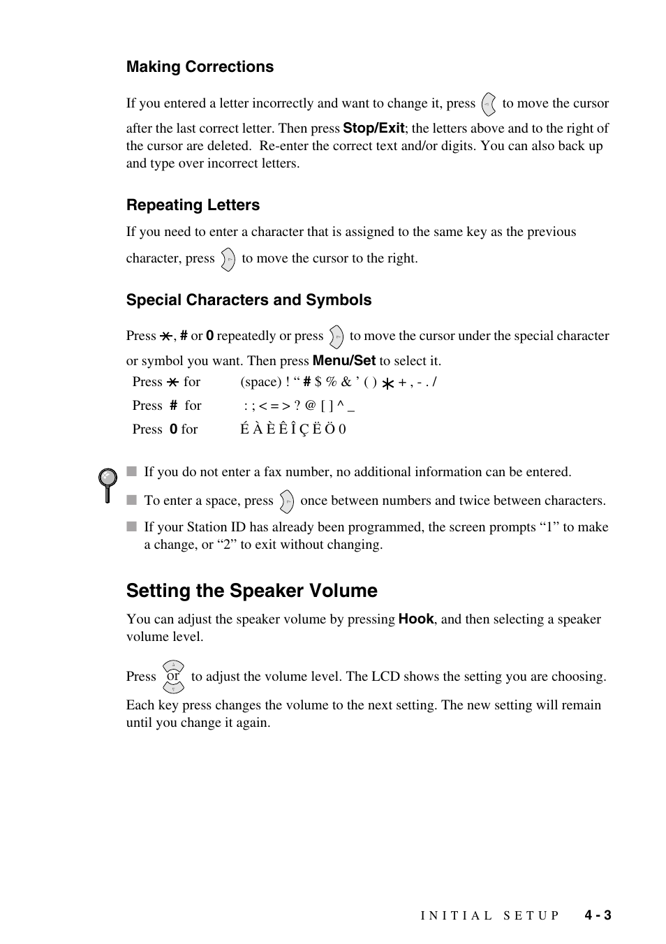 Making corrections, Repeating letters, Special characters and symbols | Setting the speaker volume, Setting the speaker volume -3 | Brother IntelliFAX 1270e User Manual | Page 39 / 108