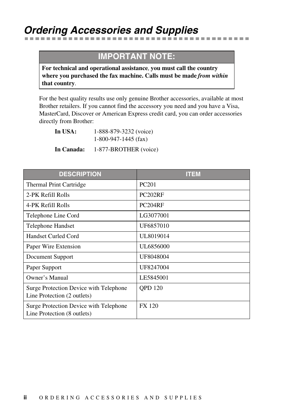 Ordering accessories and supplies | Brother IntelliFAX 1270e User Manual | Page 4 / 108