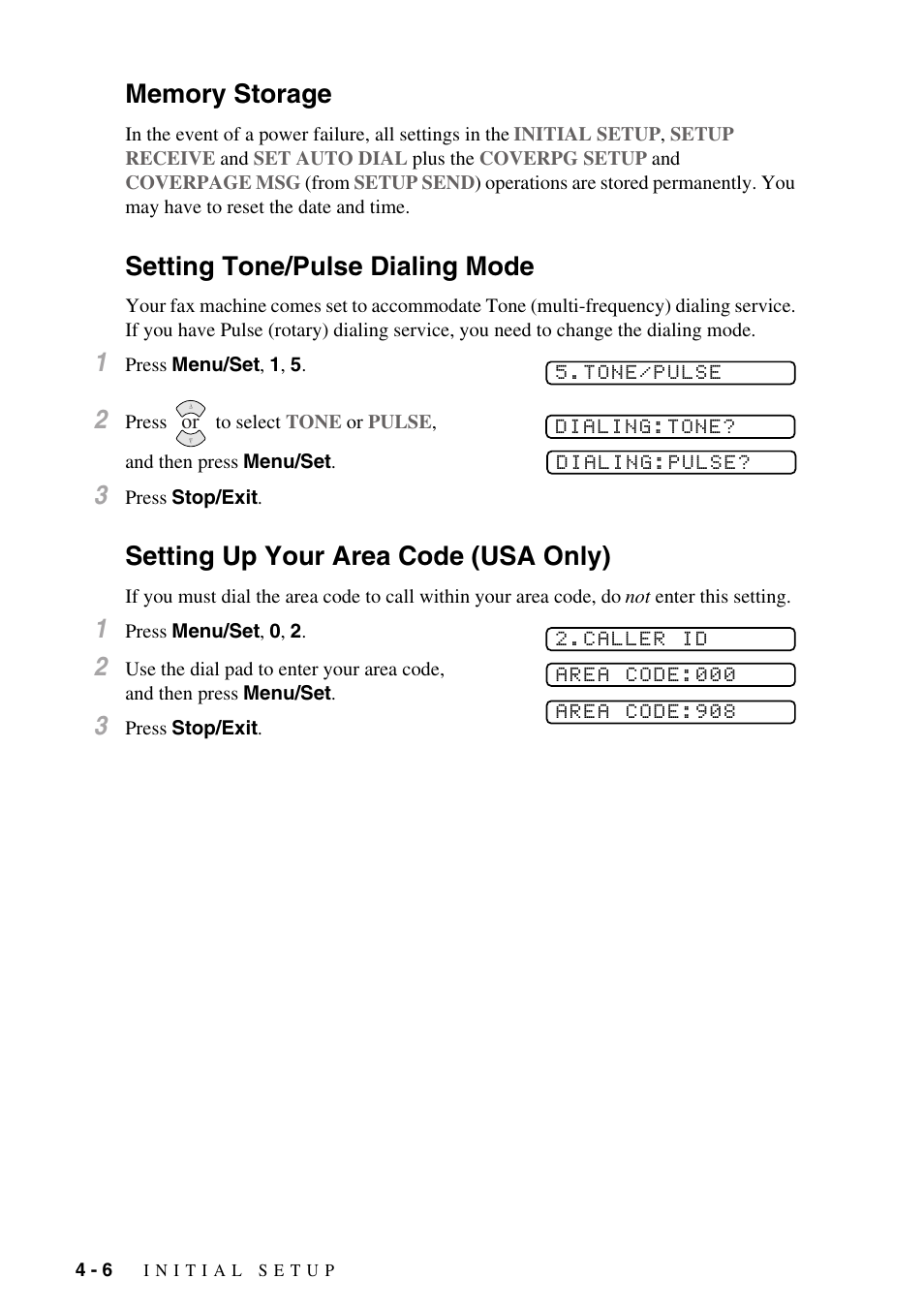 Memory storage, Setting tone/pulse dialing mode, Setting up your area code (usa only) | Brother IntelliFAX 1270e User Manual | Page 42 / 108