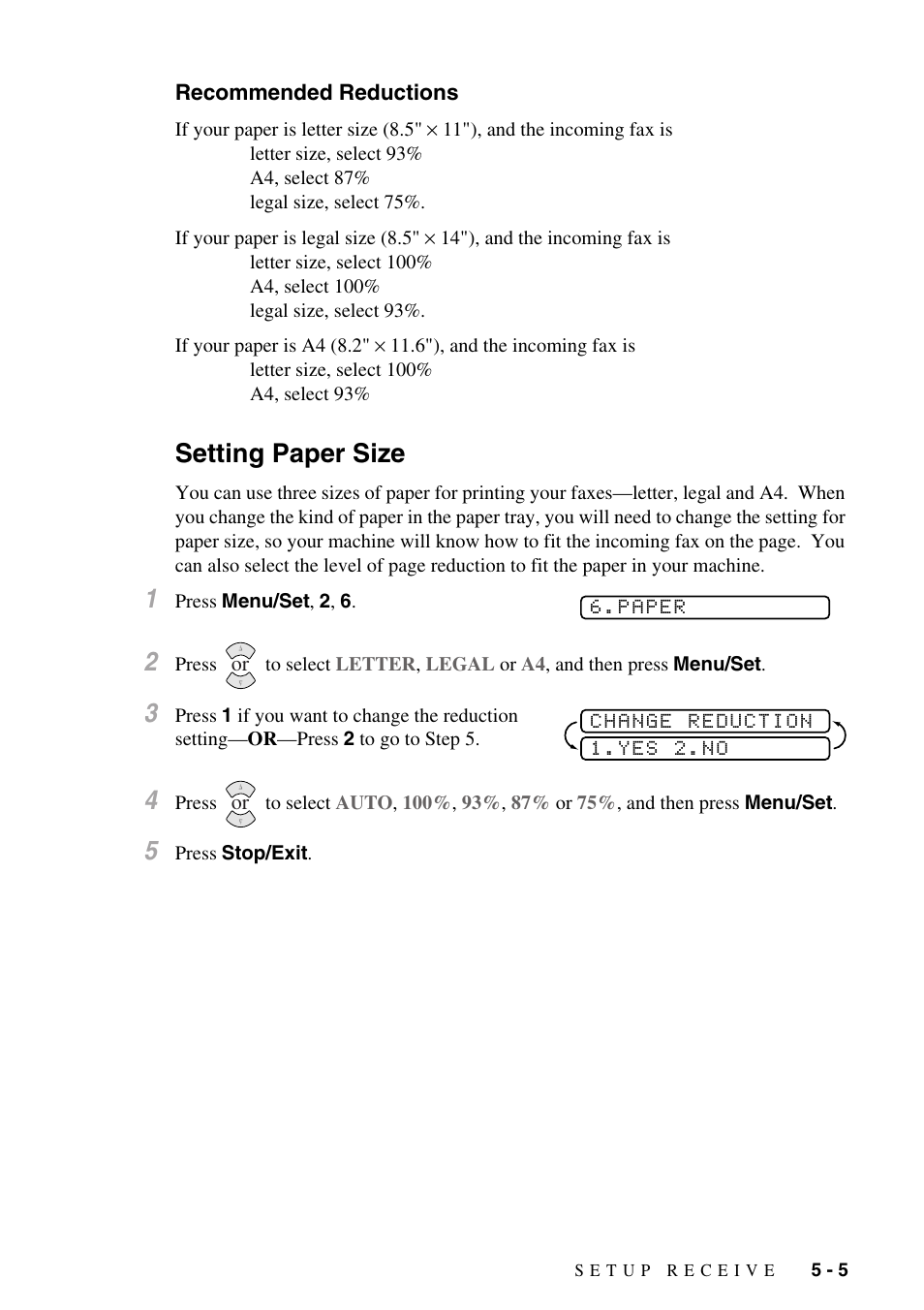 Recommended reductions, Setting paper size, Recommended reductions -5 | Setting paper size -5 | Brother IntelliFAX 1270e User Manual | Page 47 / 108