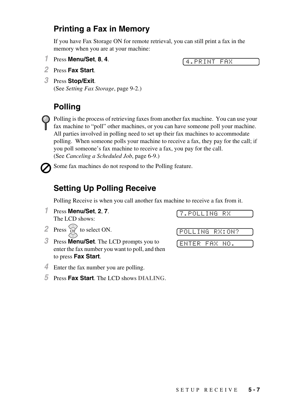 Printing a fax in memory, Polling, Setting up polling receive | Polling setting up polling receive | Brother IntelliFAX 1270e User Manual | Page 49 / 108