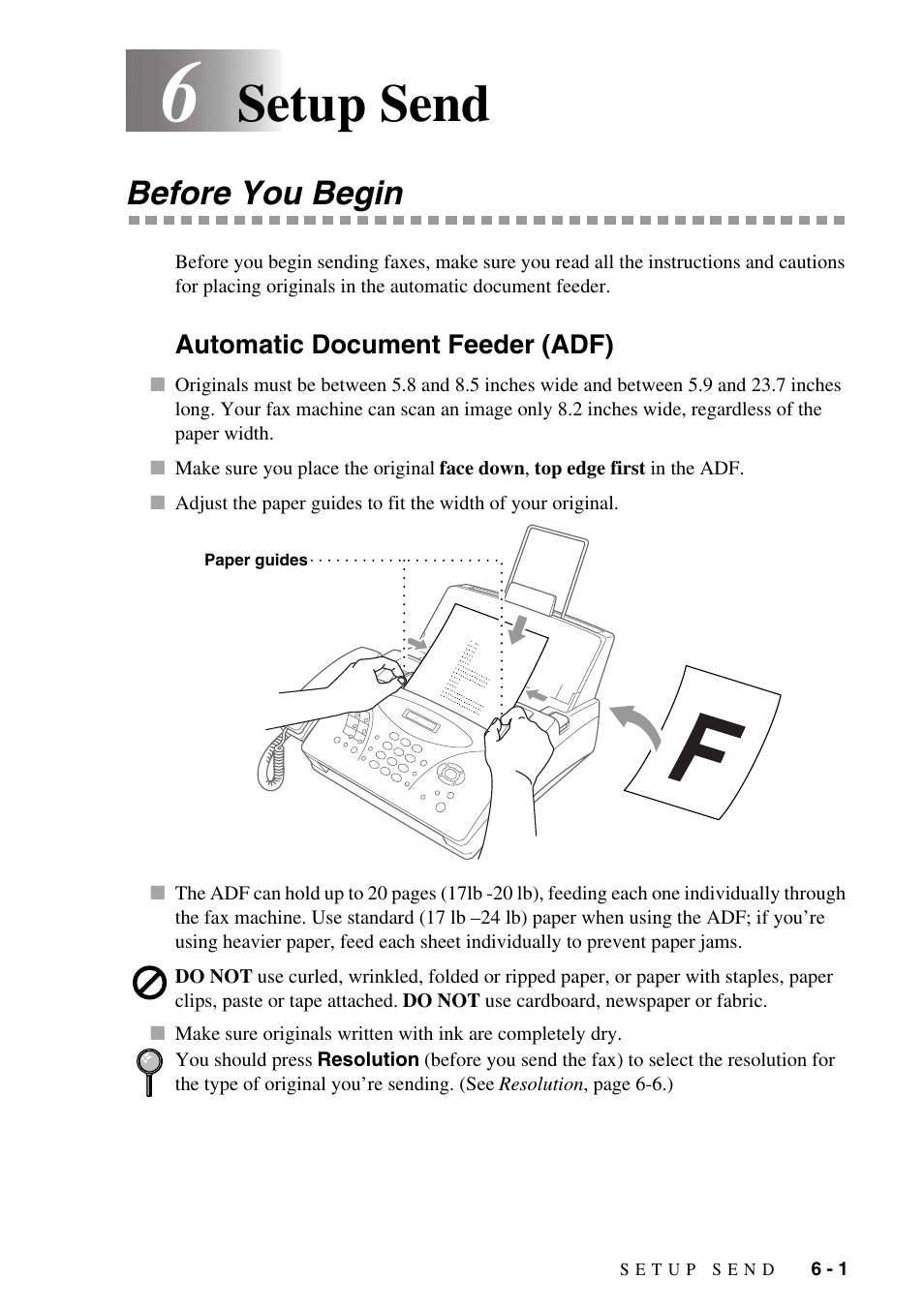 6 setup send, Before you begin, Automatic document feeder (adf) | Setup send -1, Before you begin -1, Automatic document feeder (adf) -1, Setup send | Brother IntelliFAX 1270e User Manual | Page 51 / 108