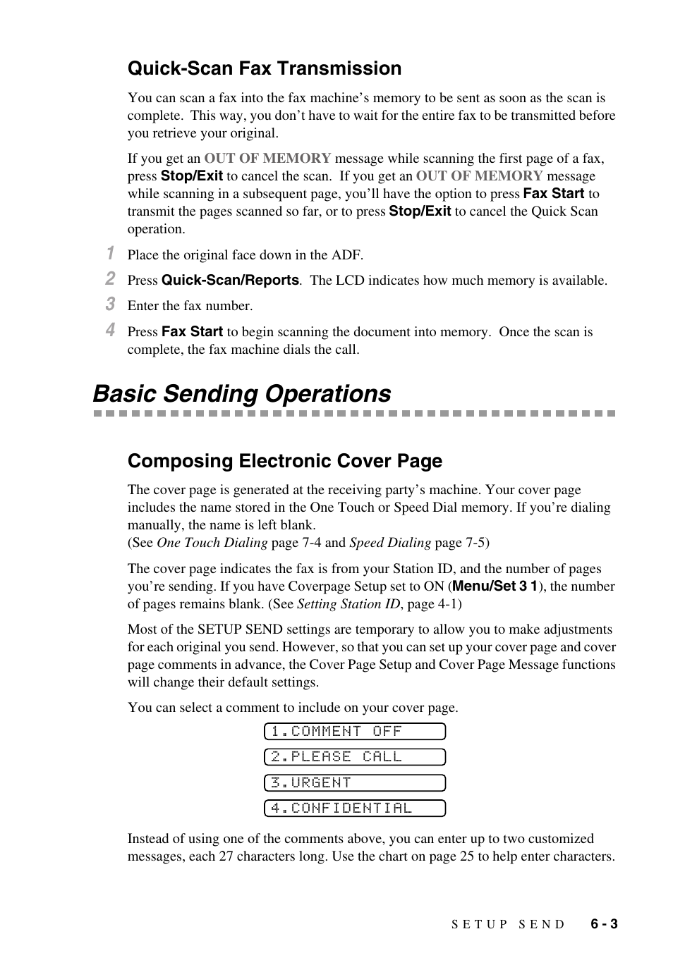 Quick-scan fax transmission, Basic sending operations, Quick-scan fax transmission -3 | Basic sending operations -3, Composing electronic cover page | Brother IntelliFAX 1270e User Manual | Page 53 / 108