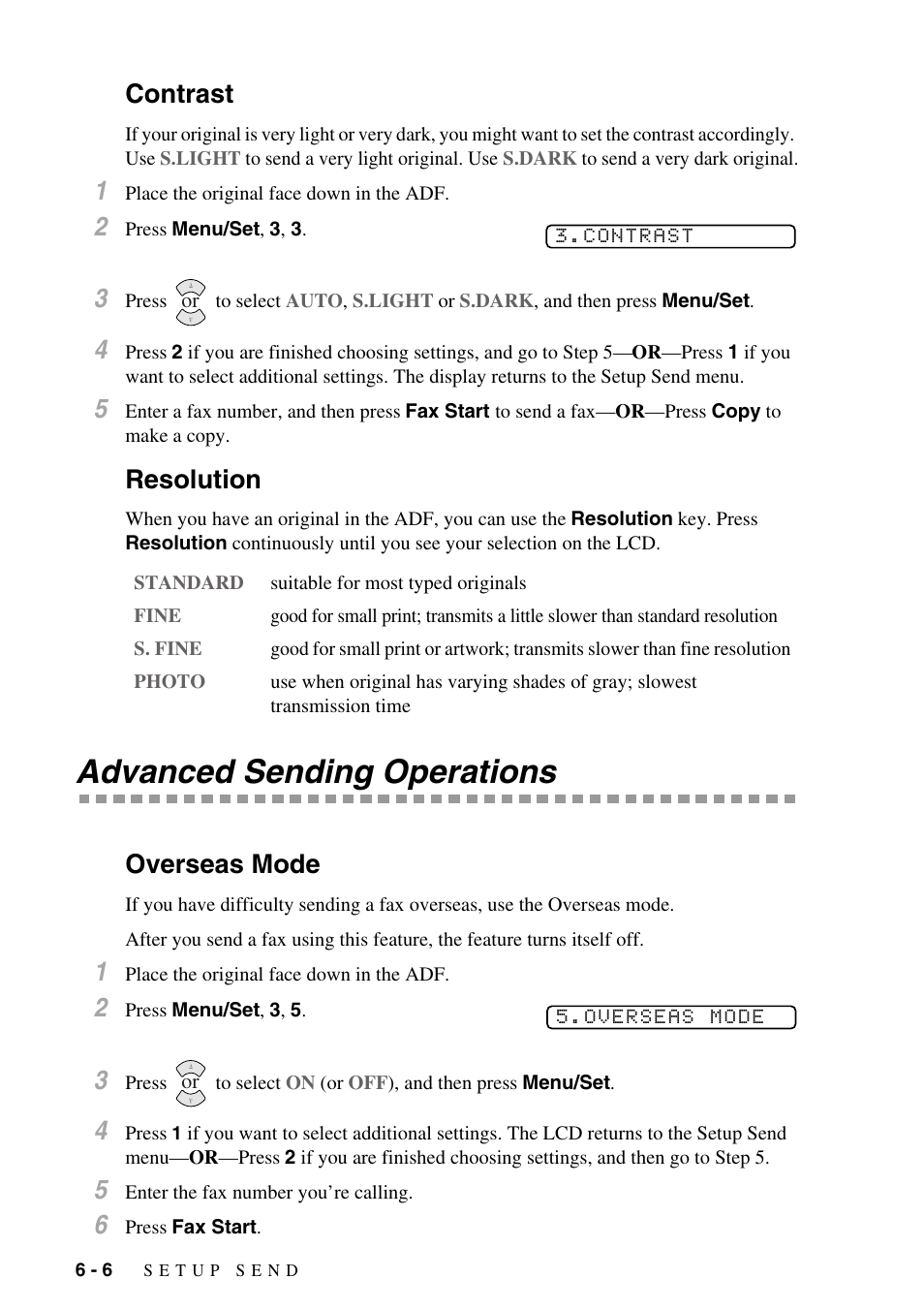 Contrast, Resolution, Advanced sending operations | Overseas mode, Contrast -6 resolution -6, Advanced sending operations -6, Overseas mode -6 | Brother IntelliFAX 1270e User Manual | Page 56 / 108