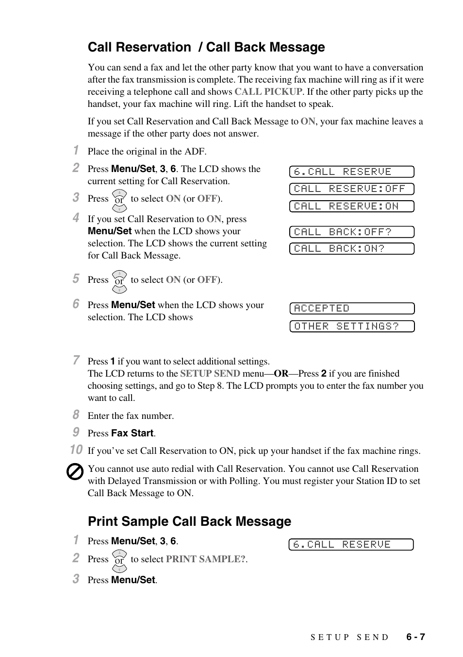 Call reservation / call back message, Print sample call back message, Print sample call back message 1 | Brother IntelliFAX 1270e User Manual | Page 57 / 108