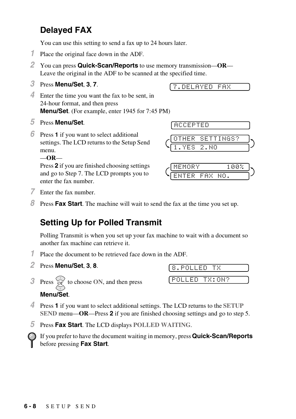 Delayed fax, Setting up for polled transmit, Delayed fax -8 setting up for polled transmit -8 | Brother IntelliFAX 1270e User Manual | Page 58 / 108