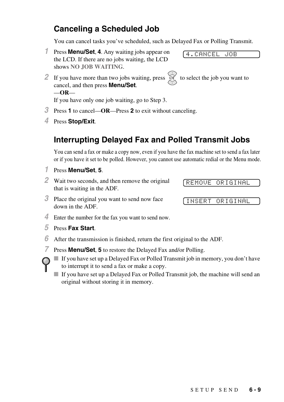Canceling a scheduled job, Interrupting delayed fax and polled transmit jobs | Brother IntelliFAX 1270e User Manual | Page 59 / 108
