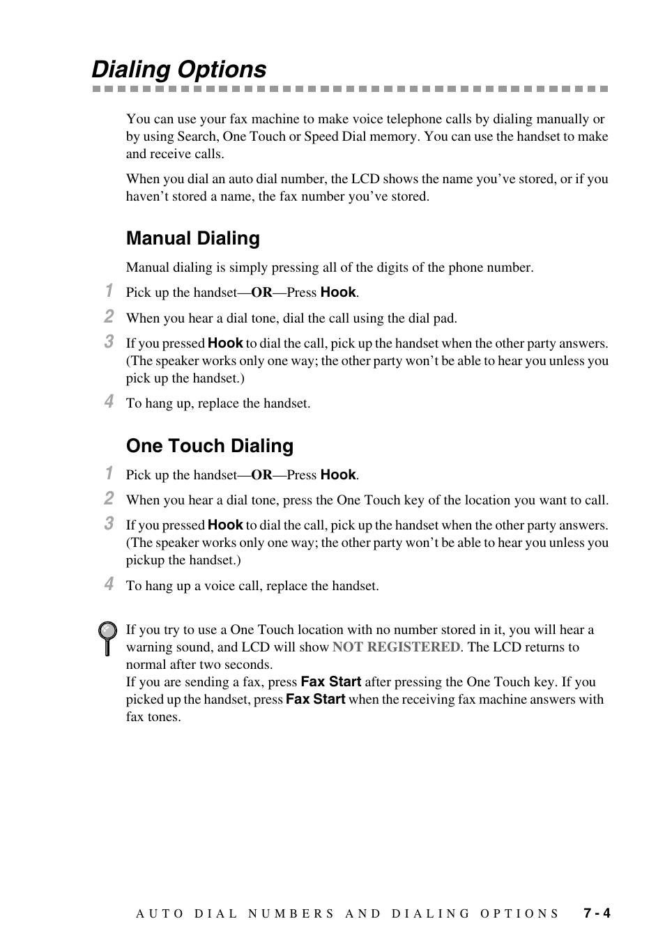 Dialing options, Manual dialing, One touch dialing | Dialing options -4, Manual dialing -4 one touch dialing -4, One touch dialing 1 | Brother IntelliFAX 1270e User Manual | Page 63 / 108