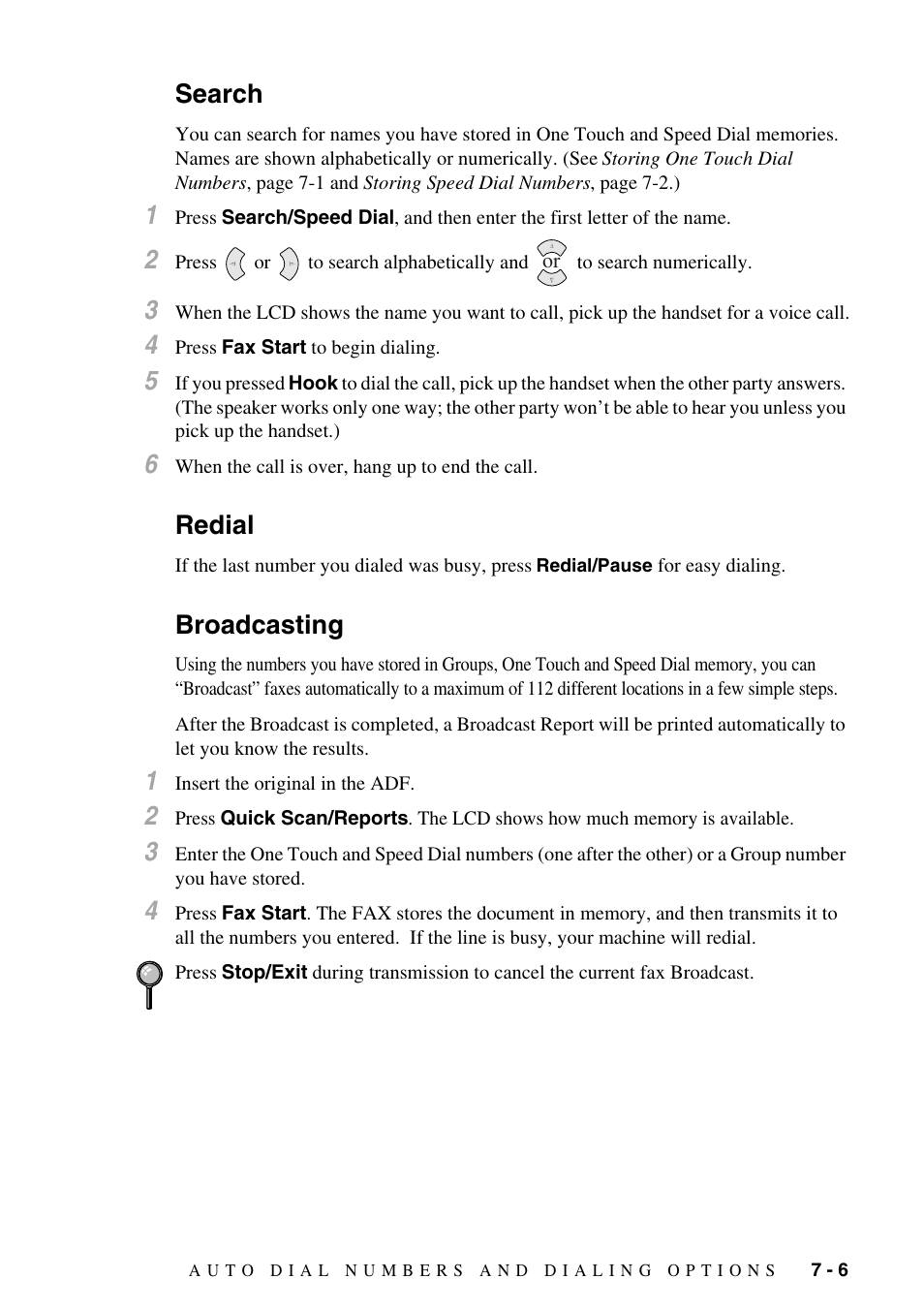 Search, Redial, Broadcasting | Search -6 redial -6 broadcasting -6 | Brother IntelliFAX 1270e User Manual | Page 65 / 108