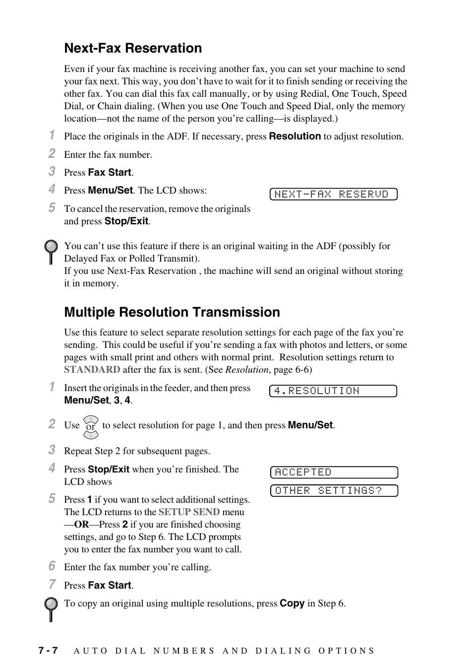 Next-fax reservation, Multiple resolution transmission | Brother IntelliFAX 1270e User Manual | Page 66 / 108