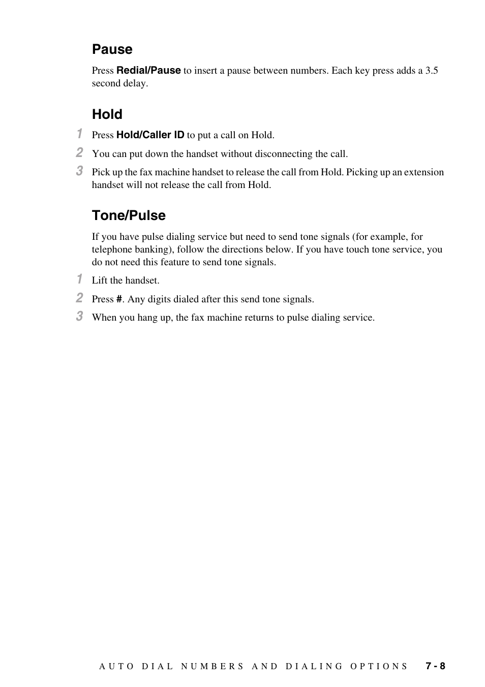 Pause, Hold, Tone/pulse | Pause -8 hold -8 tone/pulse -8, Hold 1 | Brother IntelliFAX 1270e User Manual | Page 67 / 108