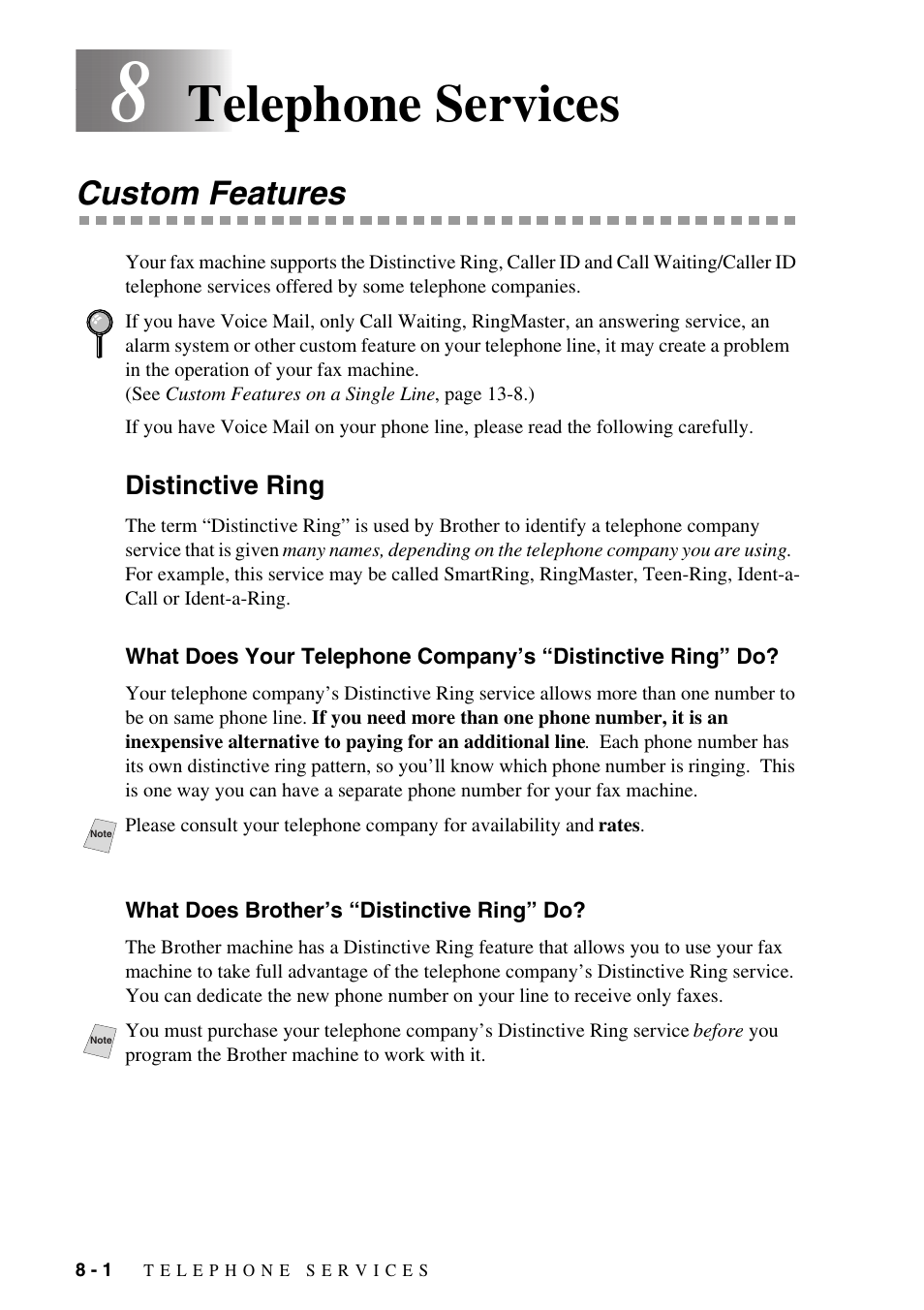 8 telephone services, Custom features, Distinctive ring | What does brother’s “distinctive ring” do, Telephone services -1, Custom features -1, Distinctive ring -1, What does your telephone company’s, Distinctive ring” do? -1, What does brother’s “distinctive ring” do? -1 | Brother IntelliFAX 1270e User Manual | Page 68 / 108