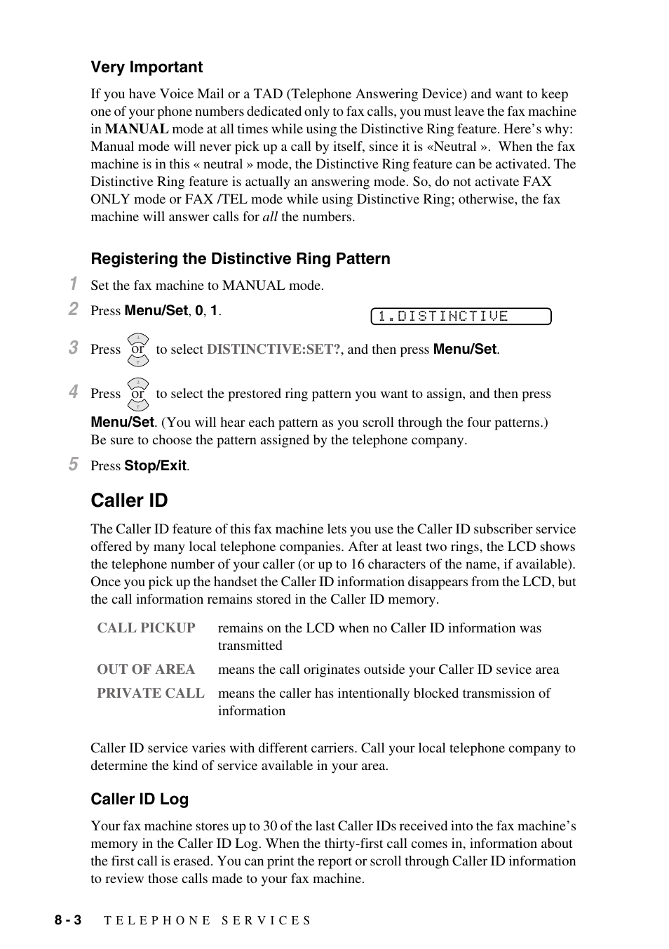 Very important, Registering the distinctive ring pattern, Caller id | Caller id log, Caller id -3, Caller id log -3 | Brother IntelliFAX 1270e User Manual | Page 70 / 108