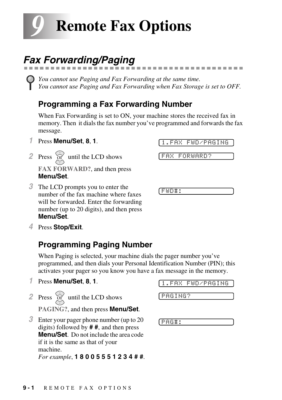 9 remote fax options, Fax forwarding/paging, Programming a fax forwarding number | Programming paging number, Remote fax options -1, Fax forwarding/paging -1, Remote fax options | Brother IntelliFAX 1270e User Manual | Page 74 / 108