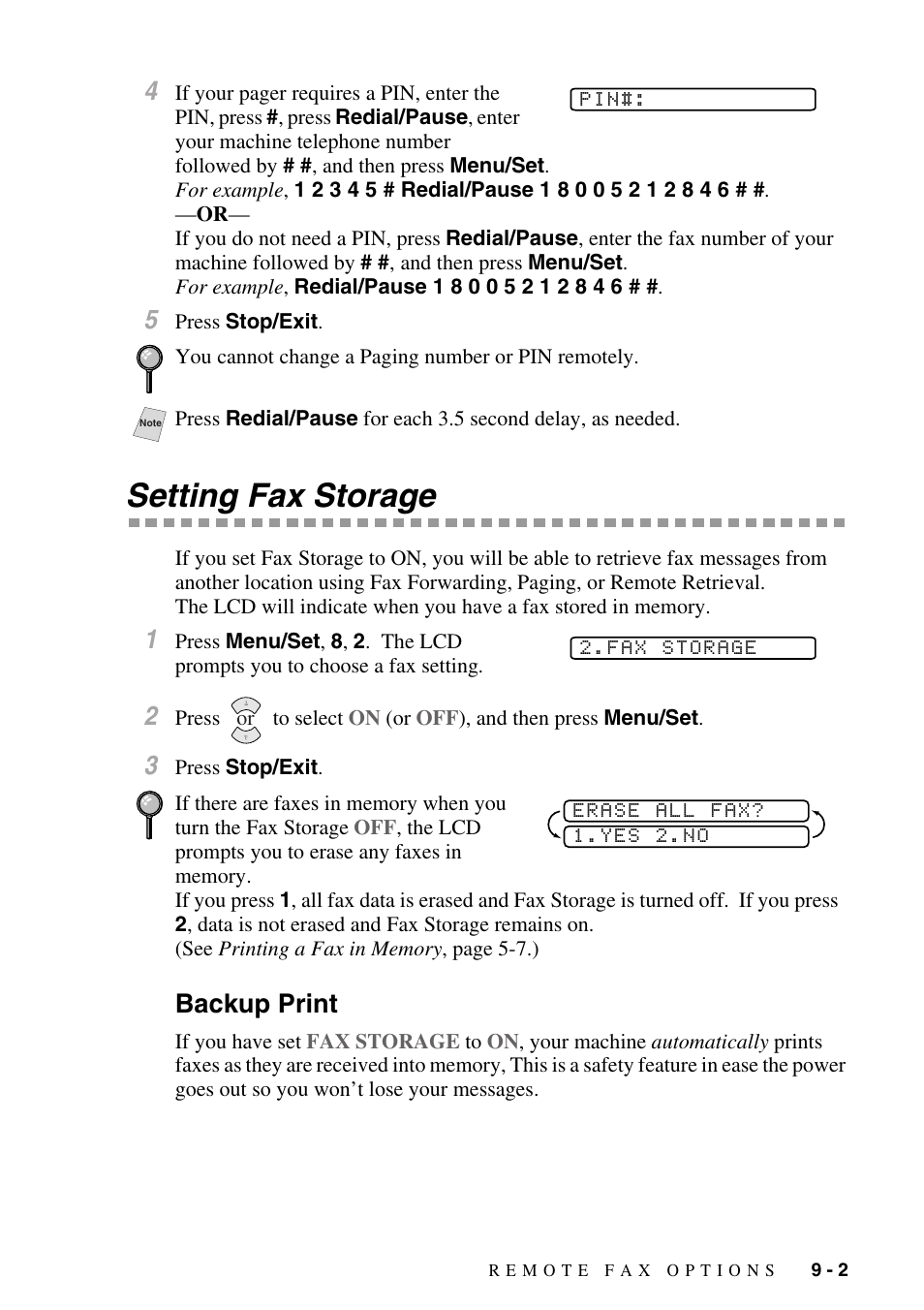 Setting fax storage, Backup print, Setting fax storage -2 | Backup print -2 | Brother IntelliFAX 1270e User Manual | Page 75 / 108