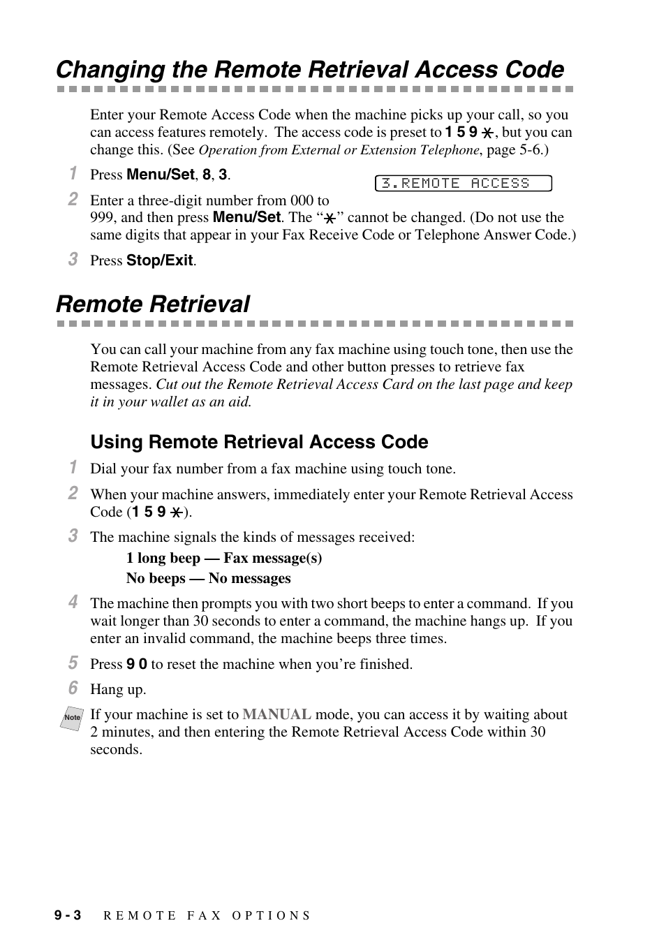 Changing the remote retrieval access code, Remote retrieval, Using remote retrieval access code | Changing the remote retrieval access code -3, Remote retrieval -3, Using remote retrieval access code -3 | Brother IntelliFAX 1270e User Manual | Page 76 / 108