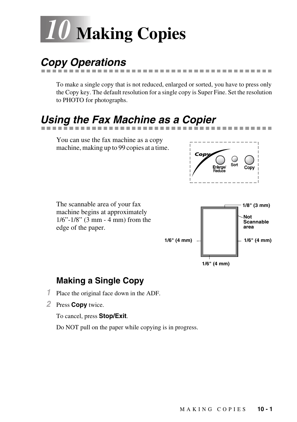 10 making copies, Copy operations, Using the fax machine as a copier | Making a single copy, Making copies -1, Making a single copy -1, Making copies | Brother IntelliFAX 1270e User Manual | Page 79 / 108