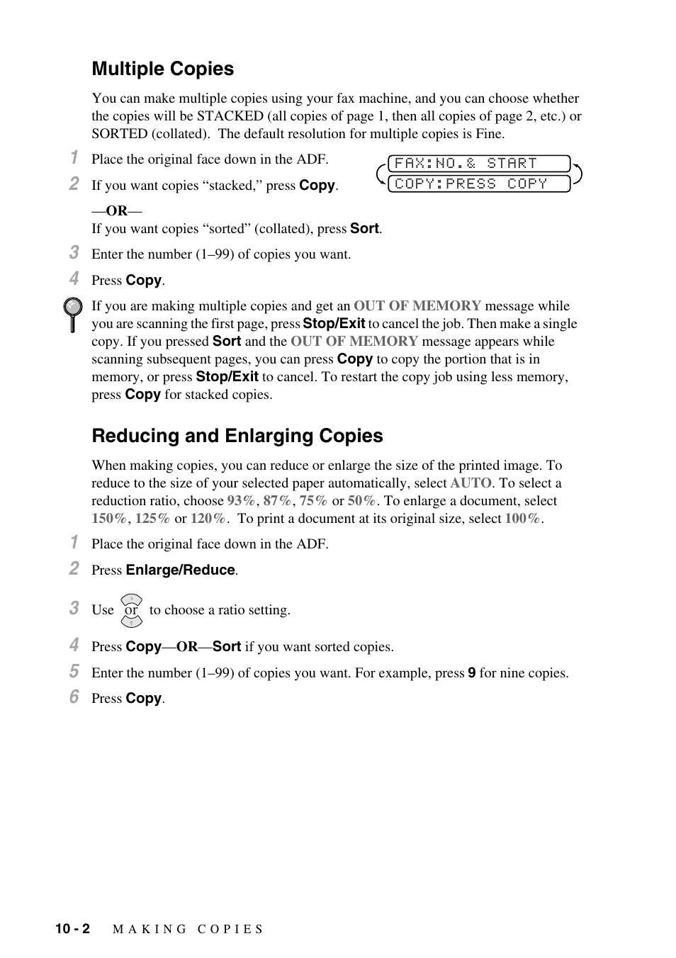 Multiple copies, Reducing and enlarging copies | Brother IntelliFAX 1270e User Manual | Page 80 / 108