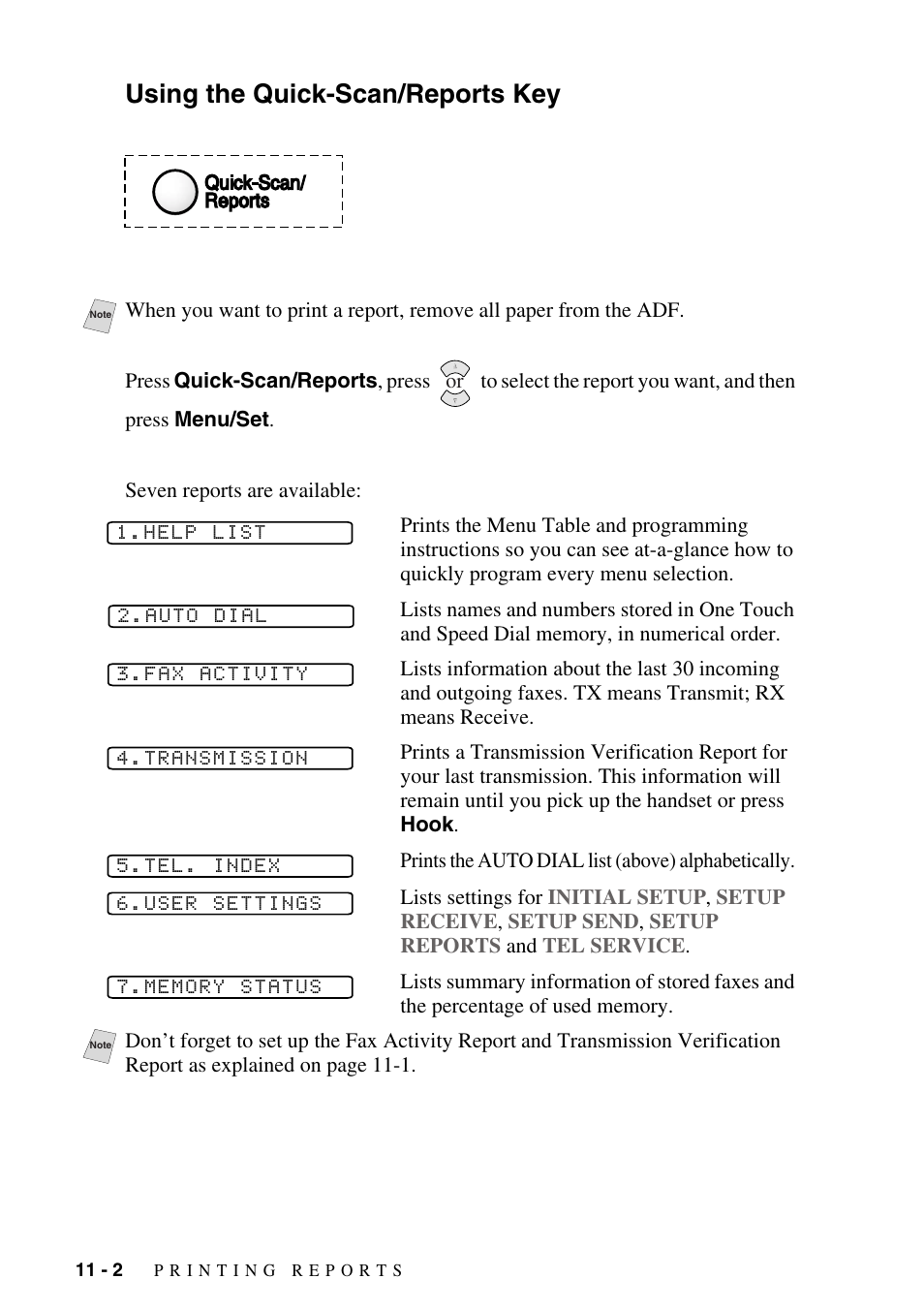 Using the quick-scan/reports key, Using the quick-scan/reports key -2 | Brother IntelliFAX 1270e User Manual | Page 82 / 108