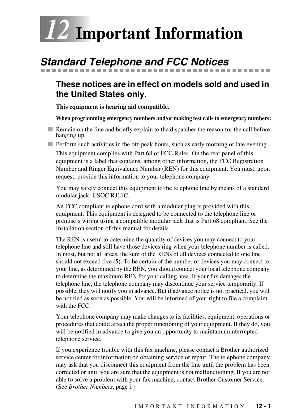 12 important information, Standard telephone and fcc notices, Important information -1 | Standard telephone and fcc notices -1, Important information | Brother IntelliFAX 1270e User Manual | Page 83 / 108