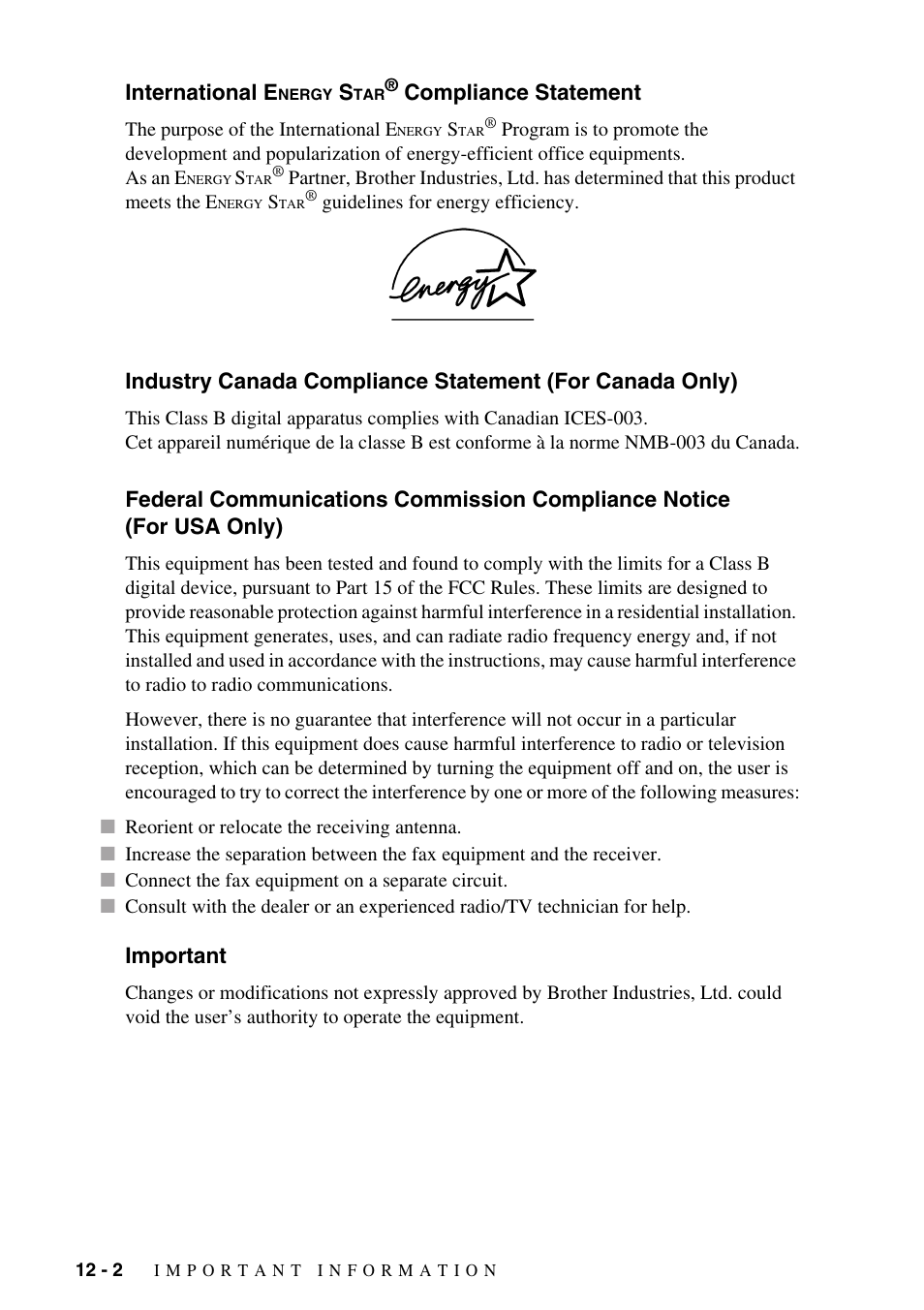 International energy star® compliance statement, Important, International energy star | Compliance statement, Industry canada compliance statement, For canada only) -2, Federal communications commission compliance, Notice (for usa only) -2, Important -2 | Brother IntelliFAX 1270e User Manual | Page 84 / 108