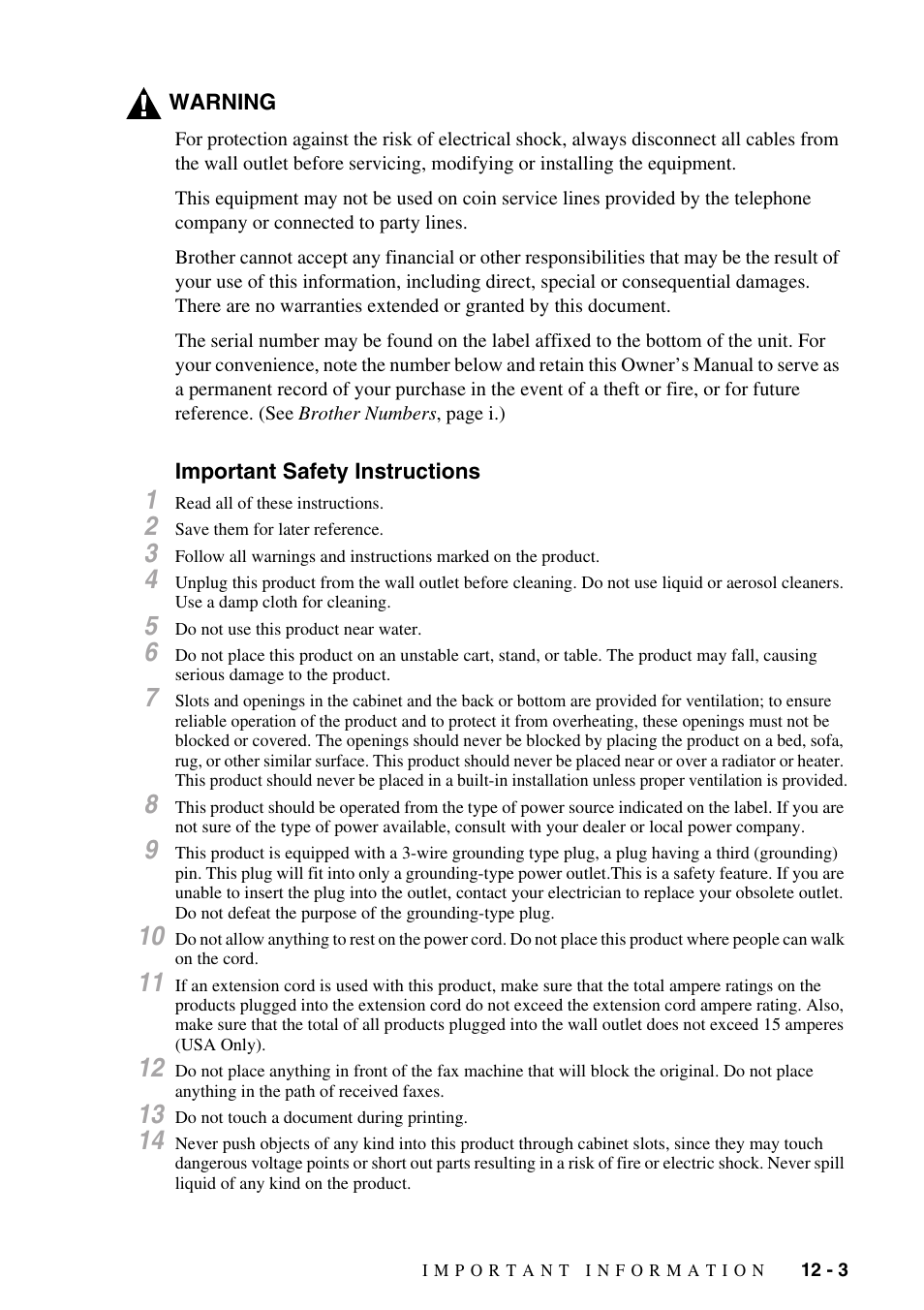 Important safety instructions, Important safety instructions -3 | Brother IntelliFAX 1270e User Manual | Page 85 / 108