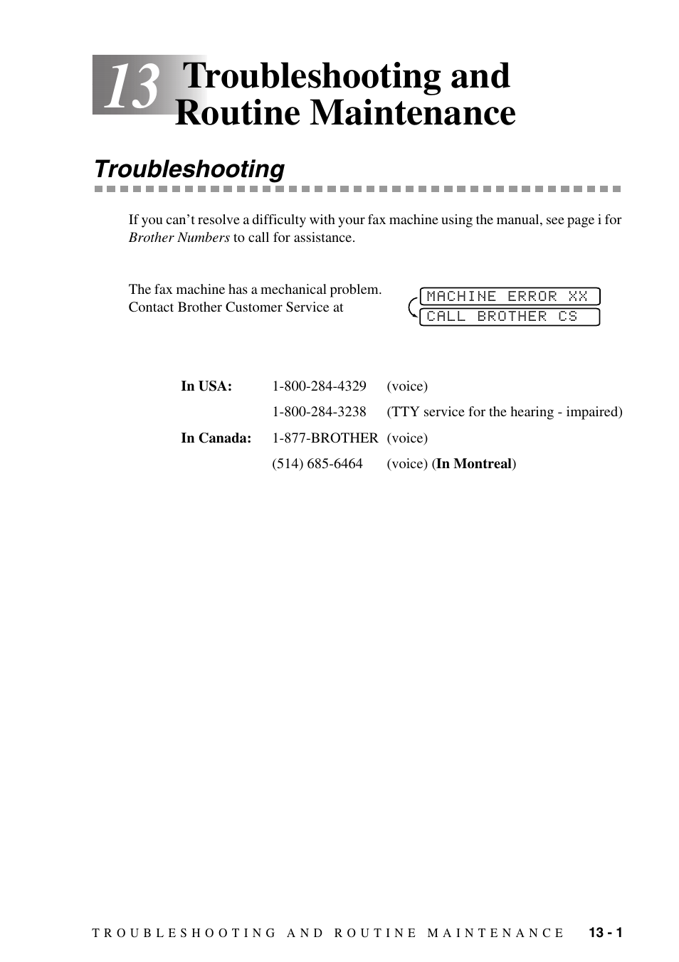 13 troubleshooting and routine maintenance, Troubleshooting, Troubleshooting and routine maintenance -1 | Troubleshooting -1, Troubleshooting and routine maintenance | Brother IntelliFAX 1270e User Manual | Page 87 / 108
