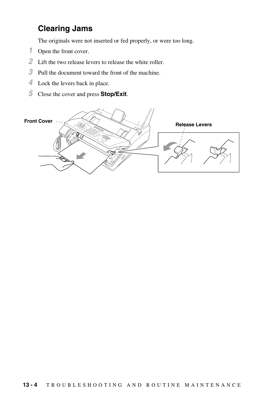Clearing jams, Clearing jams -4 | Brother IntelliFAX 1270e User Manual | Page 90 / 108