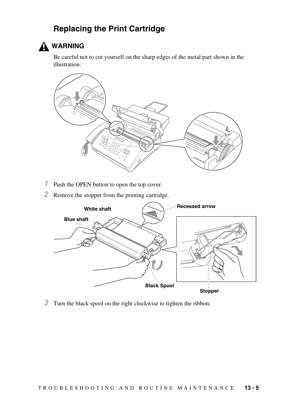 Replacing the print cartridge, Replacing the print cartridge -5 | Brother IntelliFAX 1270e User Manual | Page 91 / 108