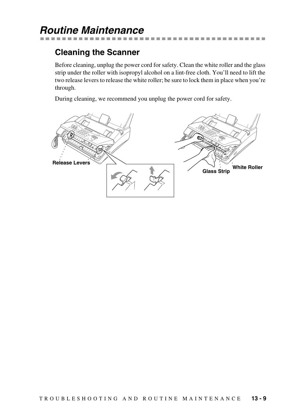 Routine maintenance, Cleaning the scanner, Routine maintenance -9 | Cleaning the scanner -9 | Brother IntelliFAX 1270e User Manual | Page 95 / 108